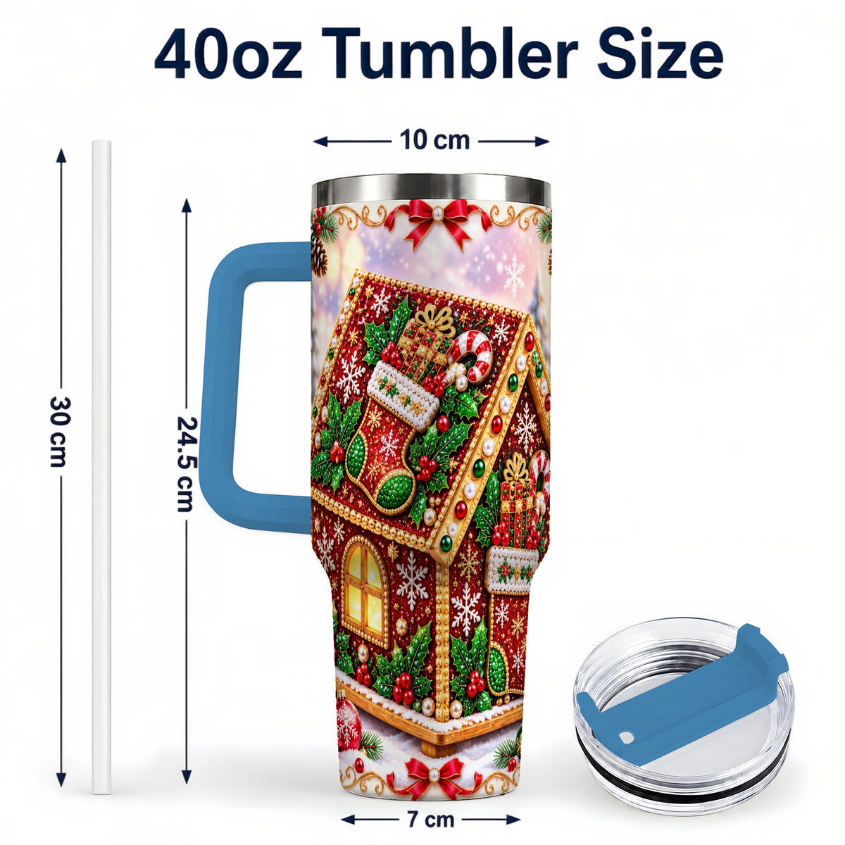 #pl[40oz|Blue] Gingerbread House 40oz Tumbler with Handle, Holiday Stainless Steel Cup