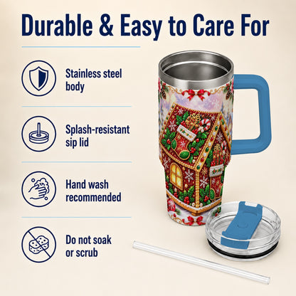 #pl[40oz|Blue] Gingerbread House 40oz Tumbler with Handle, Holiday Stainless Steel Cup