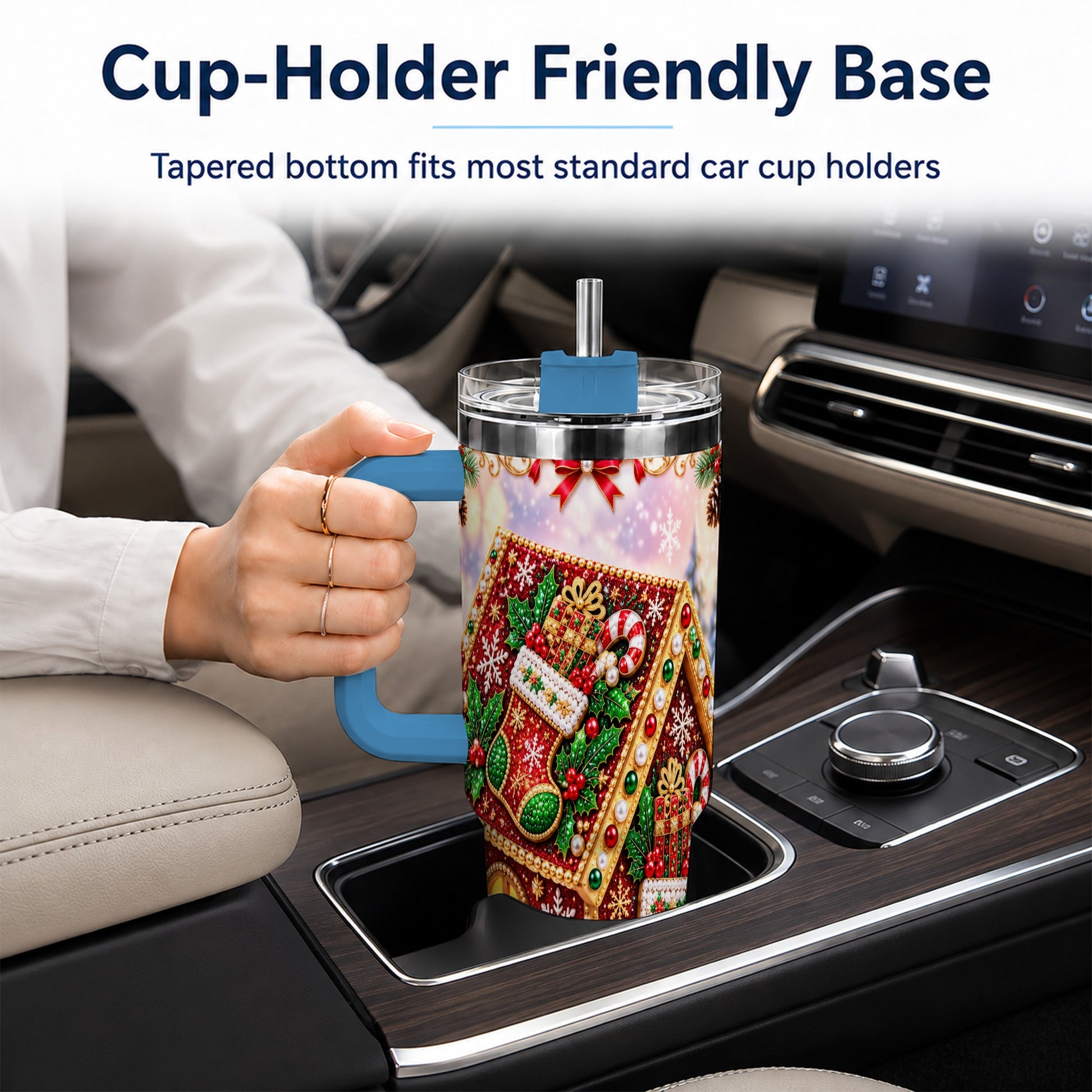 #pl[40oz|Blue] Gingerbread House 40oz Tumbler with Handle, Holiday Stainless Steel Cup