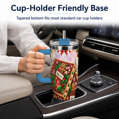 #pl[40oz|Blue] Gingerbread House 40oz Tumbler with Handle, Holiday Stainless Steel Cup