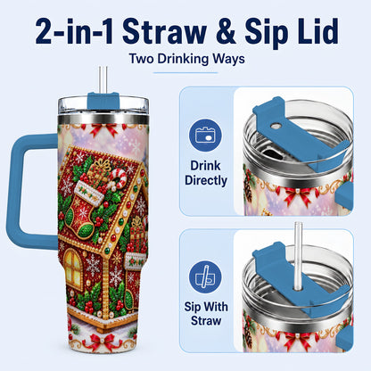 #pl[40oz|Blue] Gingerbread House 40oz Tumbler with Handle, Holiday Stainless Steel Cup