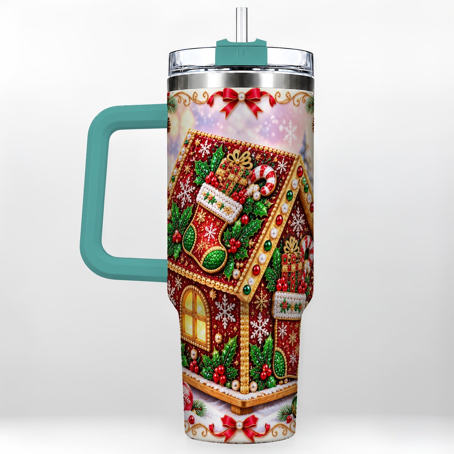 #pl[40oz|Green] Gingerbread House 40oz Tumbler with Handle, Holiday Stainless Steel Cup