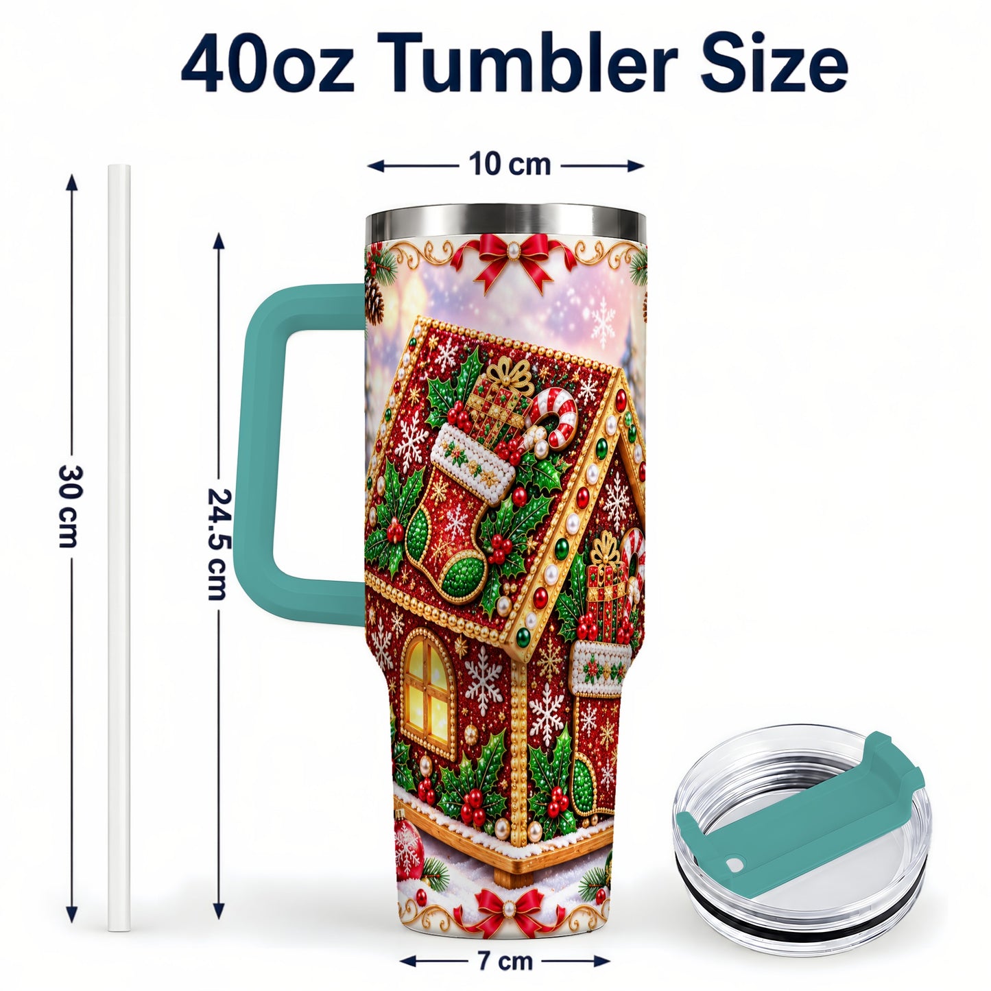 #pl[40oz|Green] Gingerbread House 40oz Tumbler with Handle, Holiday Stainless Steel Cup