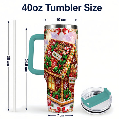 #pl[40oz|Green] Gingerbread House 40oz Tumbler with Handle, Holiday Stainless Steel Cup