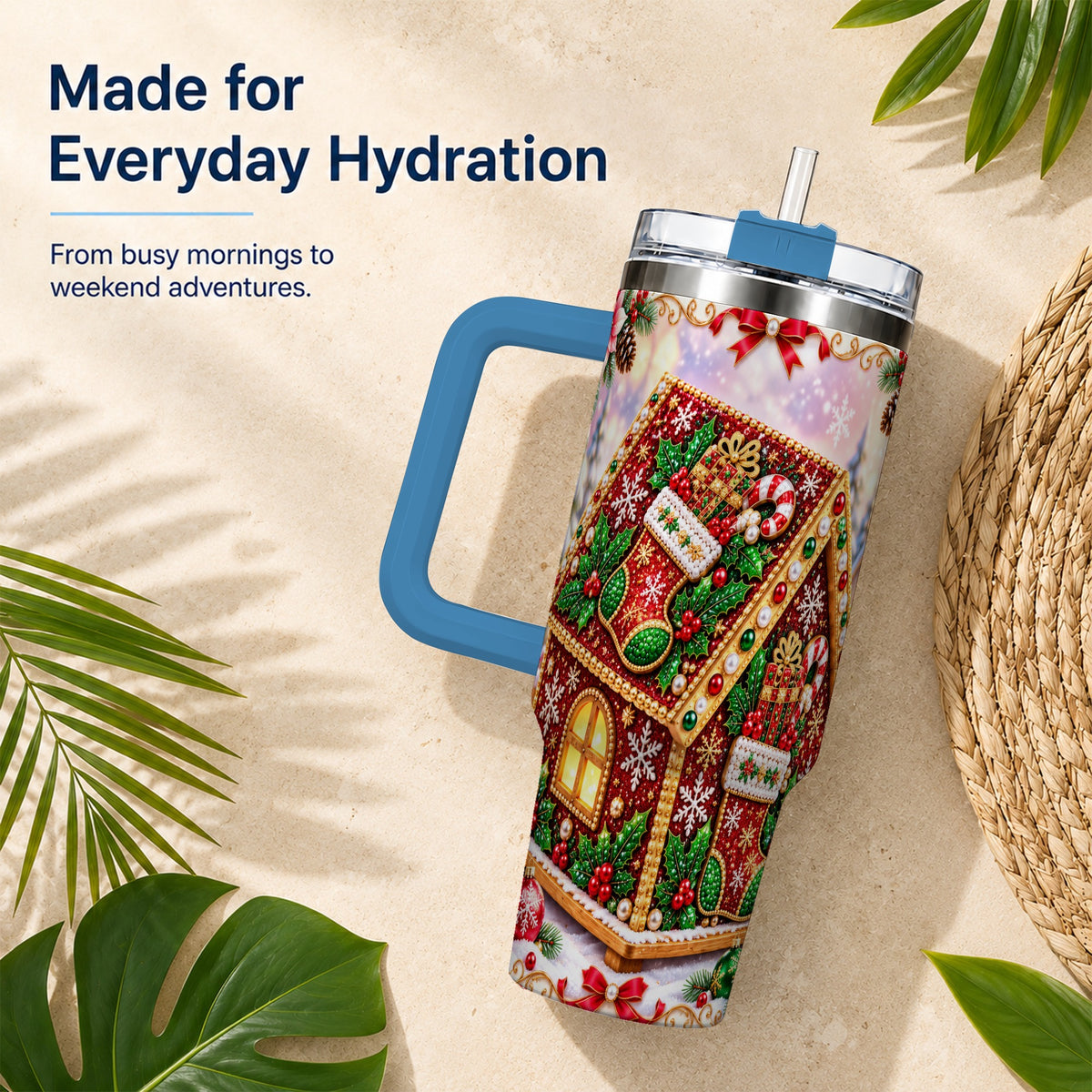 #pl[40oz|Blue] Gingerbread House 40oz Tumbler with Handle, Holiday Stainless Steel Cup