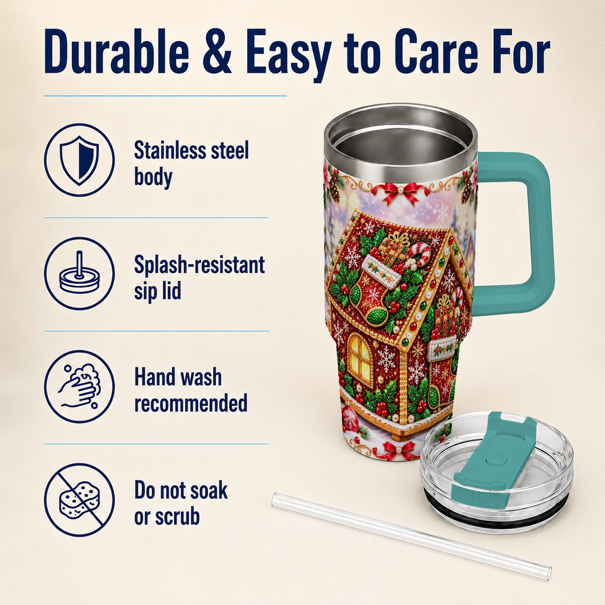 #pl[40oz|Green] Gingerbread House 40oz Tumbler with Handle, Holiday Stainless Steel Cup