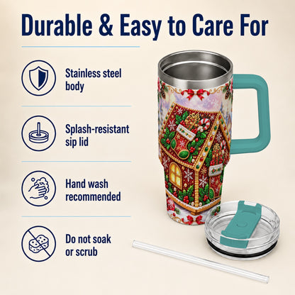#pl[40oz|Green] Gingerbread House 40oz Tumbler with Handle, Holiday Stainless Steel Cup