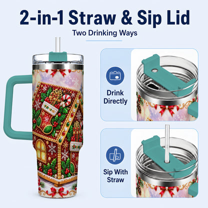 #pl[40oz|Green] Gingerbread House 40oz Tumbler with Handle, Holiday Stainless Steel Cup