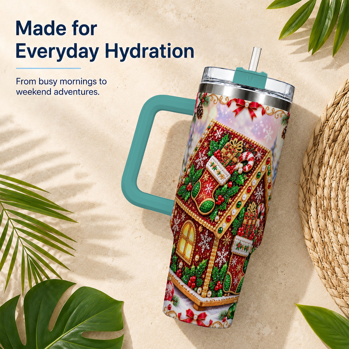 #pl[40oz|Green] Gingerbread House 40oz Tumbler with Handle, Holiday Stainless Steel Cup