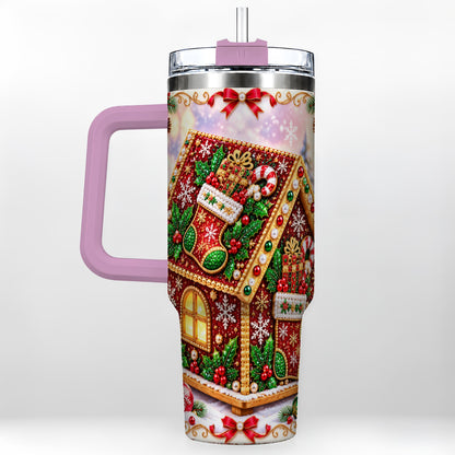 #pl[40oz|Pink] Gingerbread House 40oz Tumbler with Handle, Holiday Stainless Steel Cup