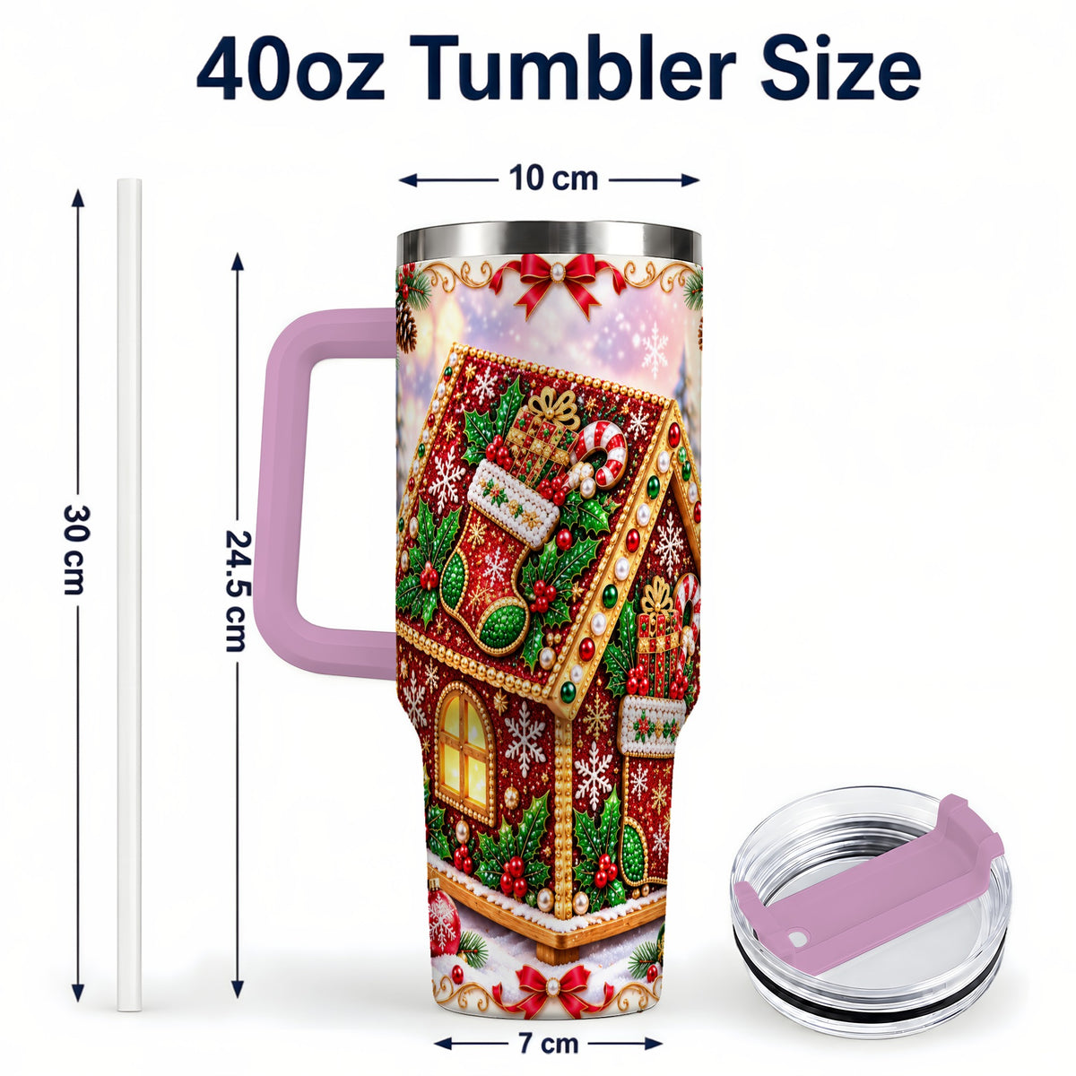 #pl[40oz|Pink] Gingerbread House 40oz Tumbler with Handle, Holiday Stainless Steel Cup