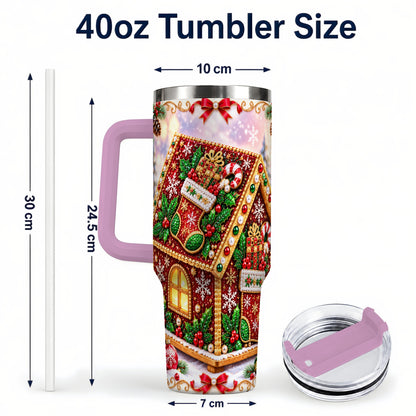 #pl[40oz|Pink] Gingerbread House 40oz Tumbler with Handle, Holiday Stainless Steel Cup