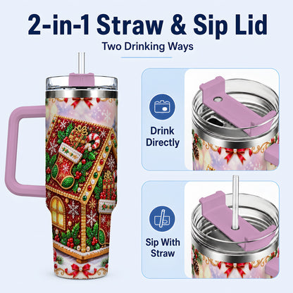 #pl[40oz|Pink] Gingerbread House 40oz Tumbler with Handle, Holiday Stainless Steel Cup