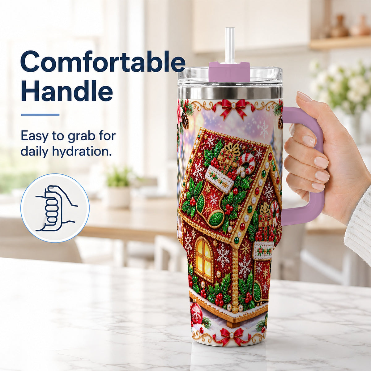 #pl[40oz|Pink] Gingerbread House 40oz Tumbler with Handle, Holiday Stainless Steel Cup