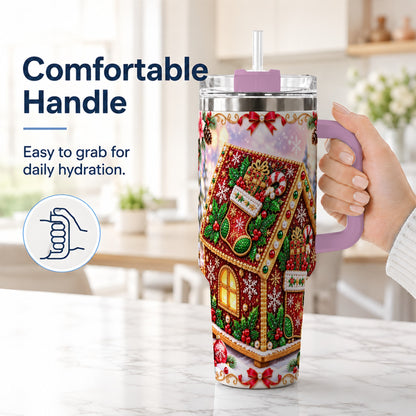 #pl[40oz|Pink] Gingerbread House 40oz Tumbler with Handle, Holiday Stainless Steel Cup