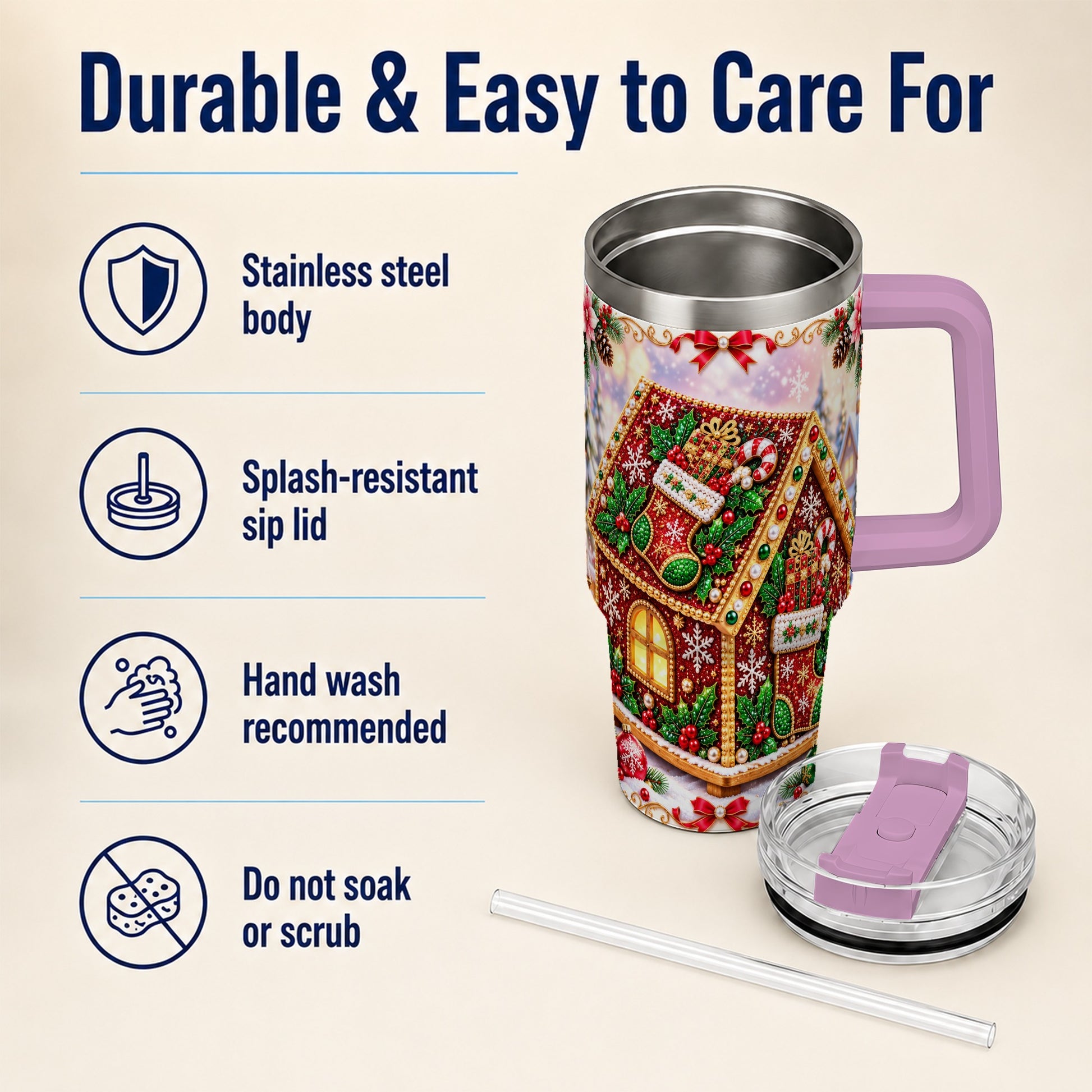 #pl[40oz|Pink] Gingerbread House 40oz Tumbler with Handle, Holiday Stainless Steel Cup