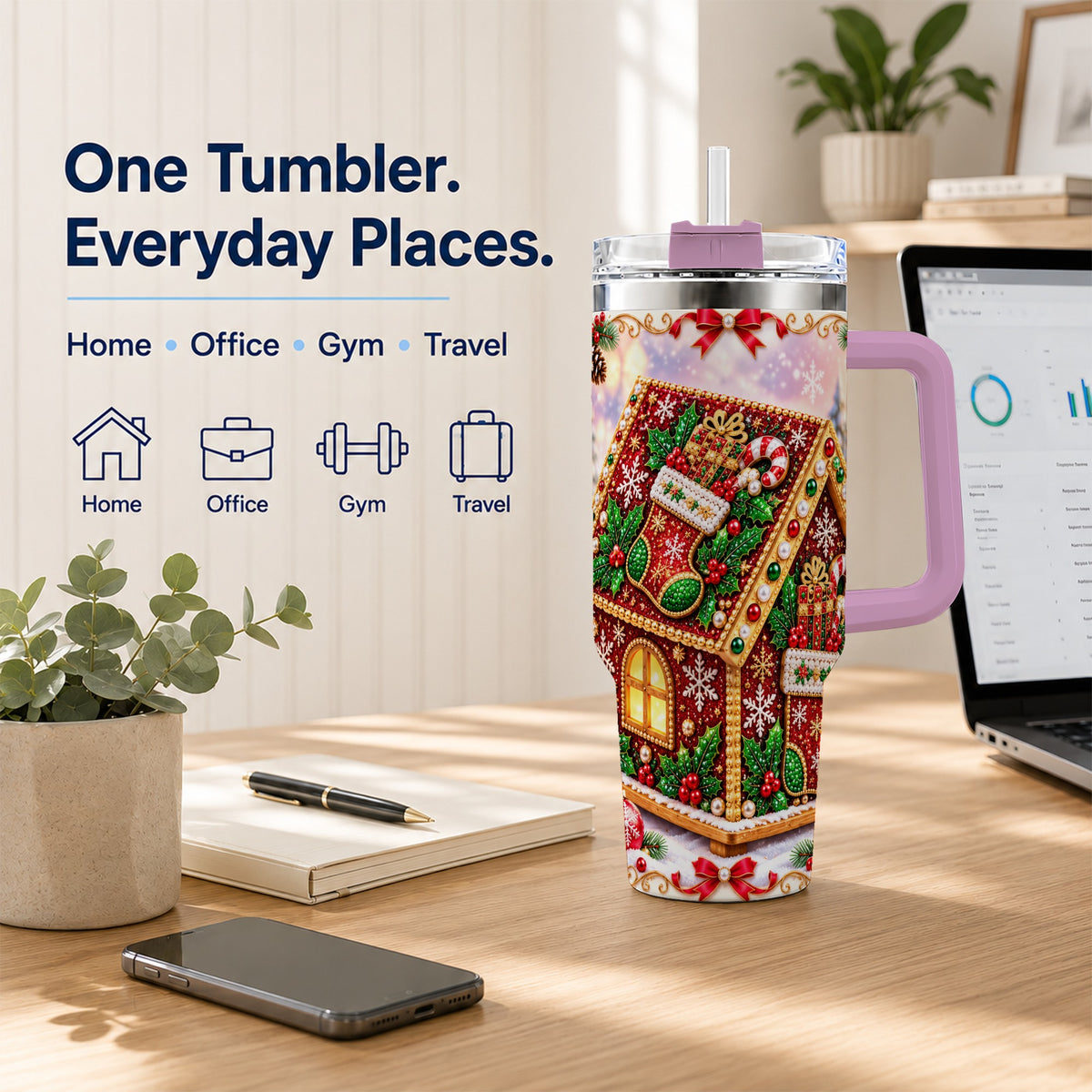 #pl[40oz|Pink] Gingerbread House 40oz Tumbler with Handle, Holiday Stainless Steel Cup