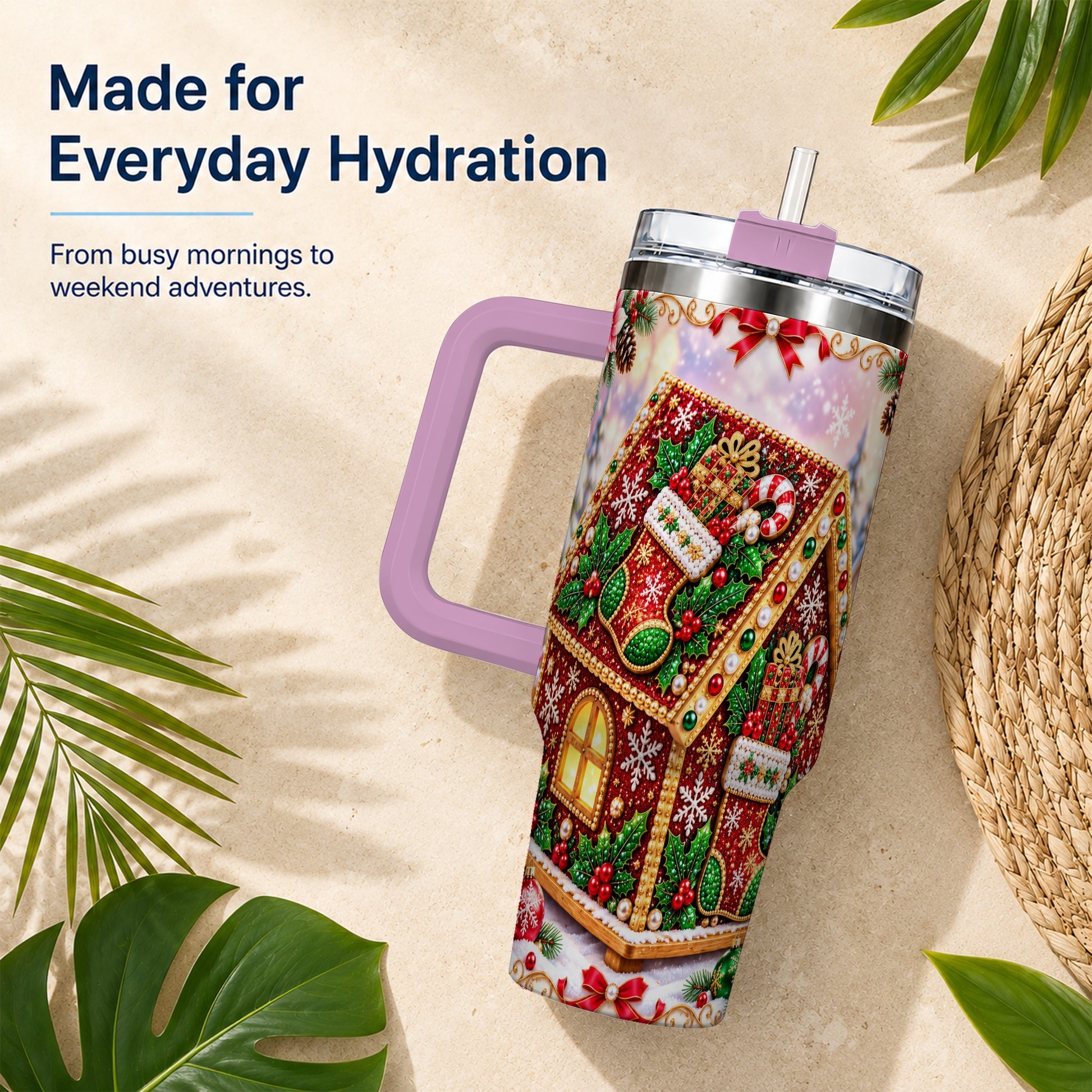 #pl[40oz|Pink] Gingerbread House 40oz Tumbler with Handle, Holiday Stainless Steel Cup