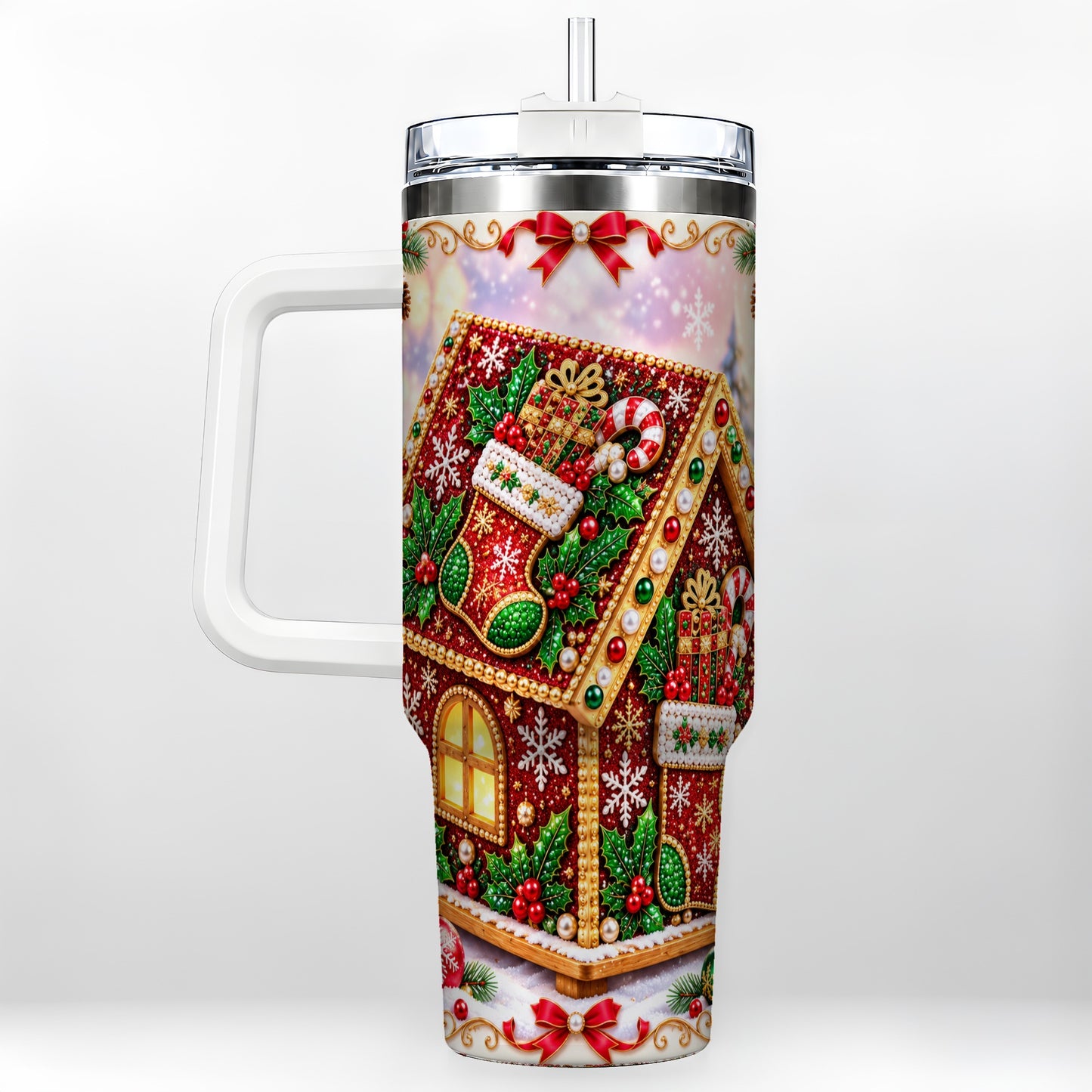 Gingerbread House 40oz Tumbler with Handle, Holiday Stainless Steel Cup