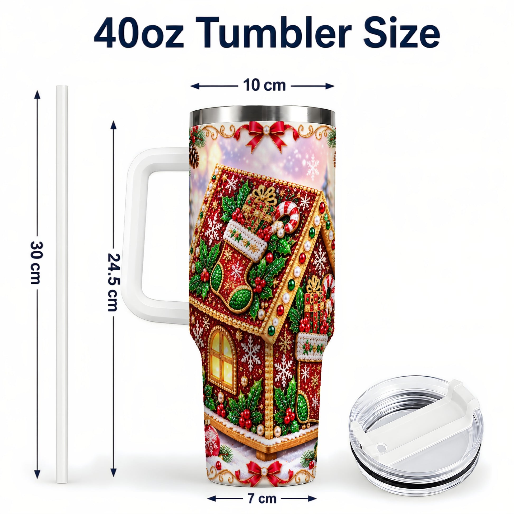 #pl[40oz|White] Gingerbread House 40oz Tumbler with Handle, Holiday Stainless Steel Cup