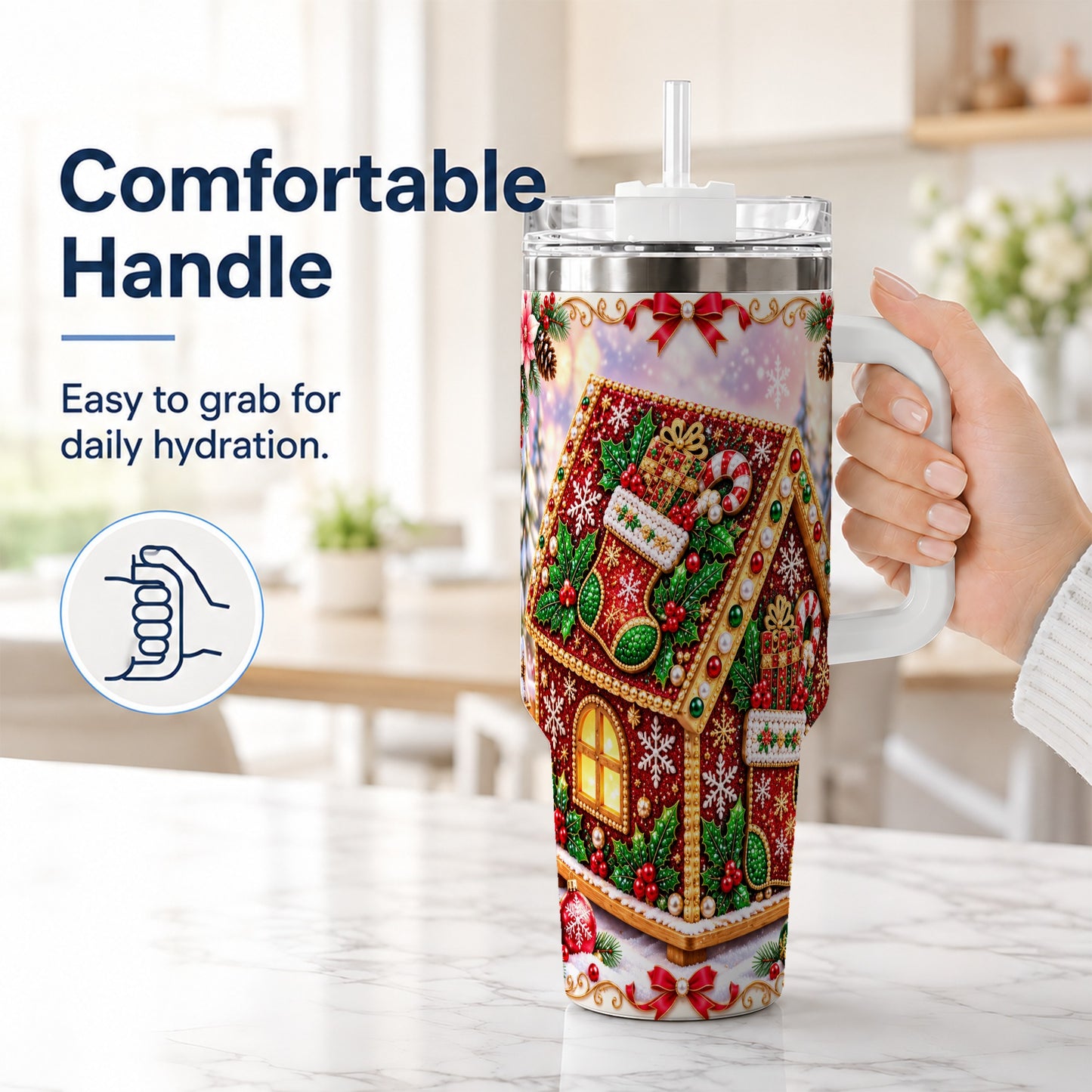 #pl[40oz|White] Gingerbread House 40oz Tumbler with Handle, Holiday Stainless Steel Cup