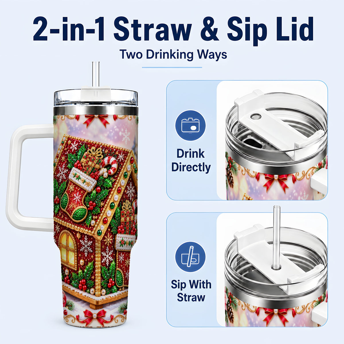 #pl[40oz|White] Gingerbread House 40oz Tumbler with Handle, Holiday Stainless Steel Cup