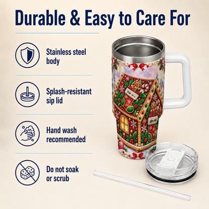 #pl[40oz|White] Gingerbread House 40oz Tumbler with Handle, Holiday Stainless Steel Cup