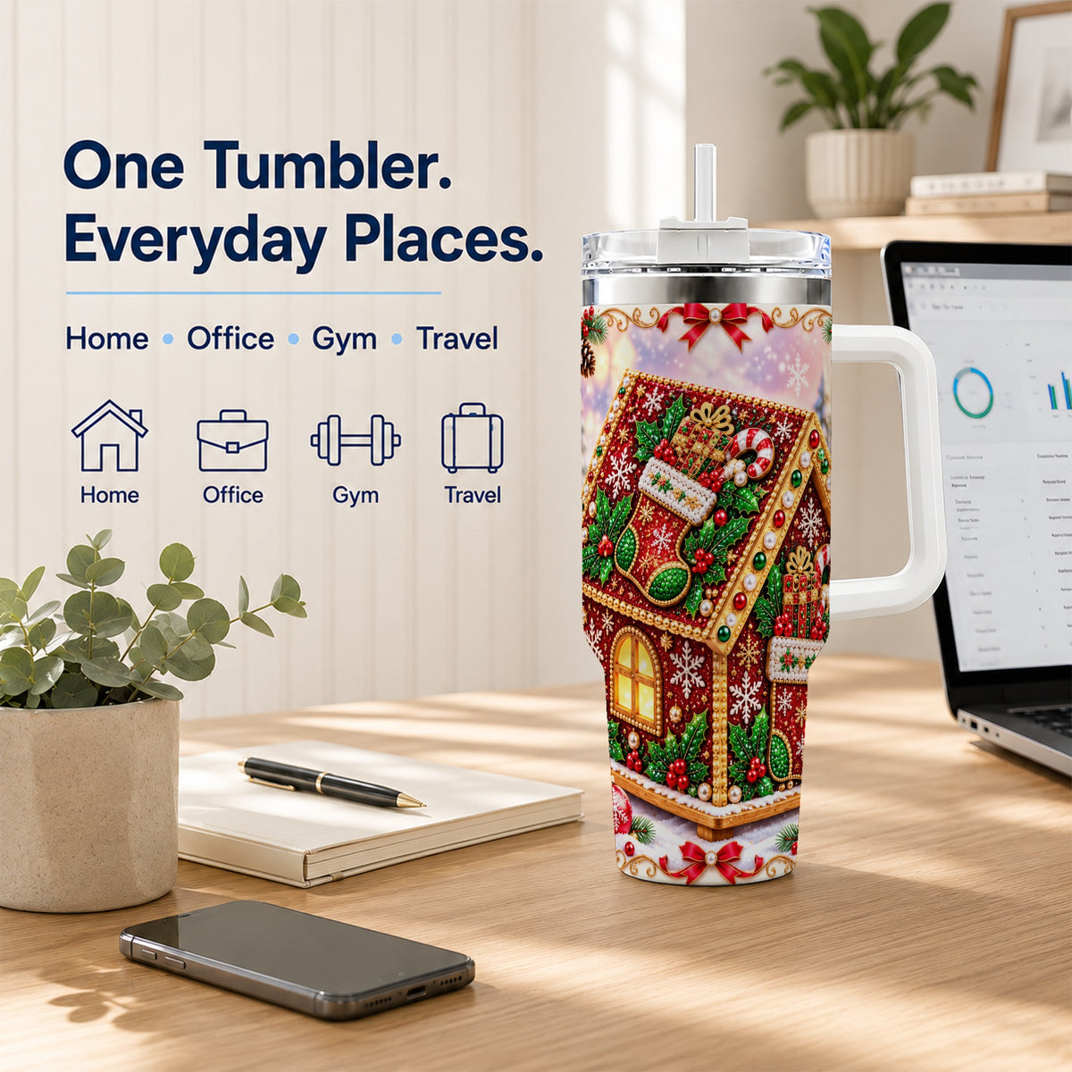 #pl[40oz|White] Gingerbread House 40oz Tumbler with Handle, Holiday Stainless Steel Cup
