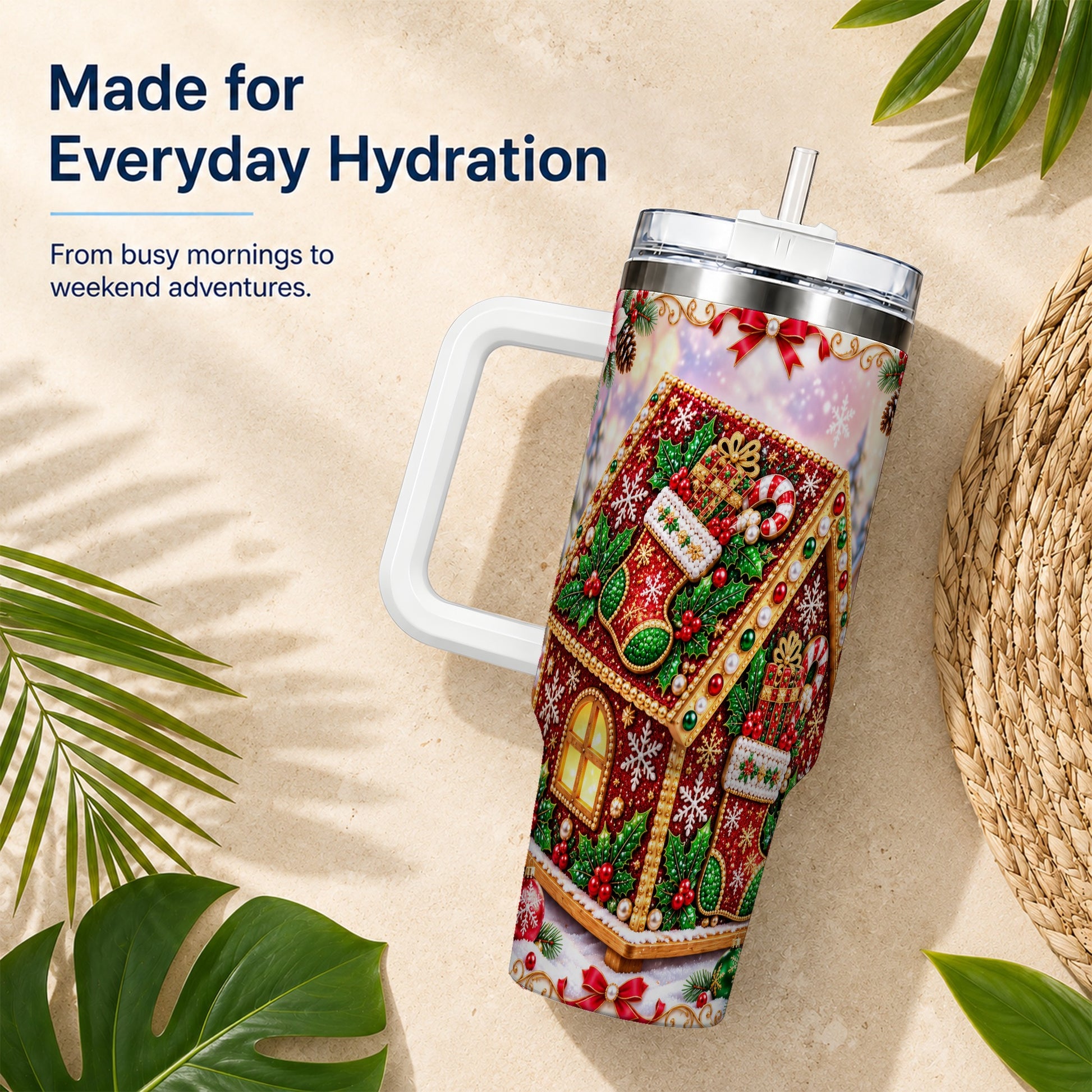 #pl[40oz|White] Gingerbread House 40oz Tumbler with Handle, Holiday Stainless Steel Cup
