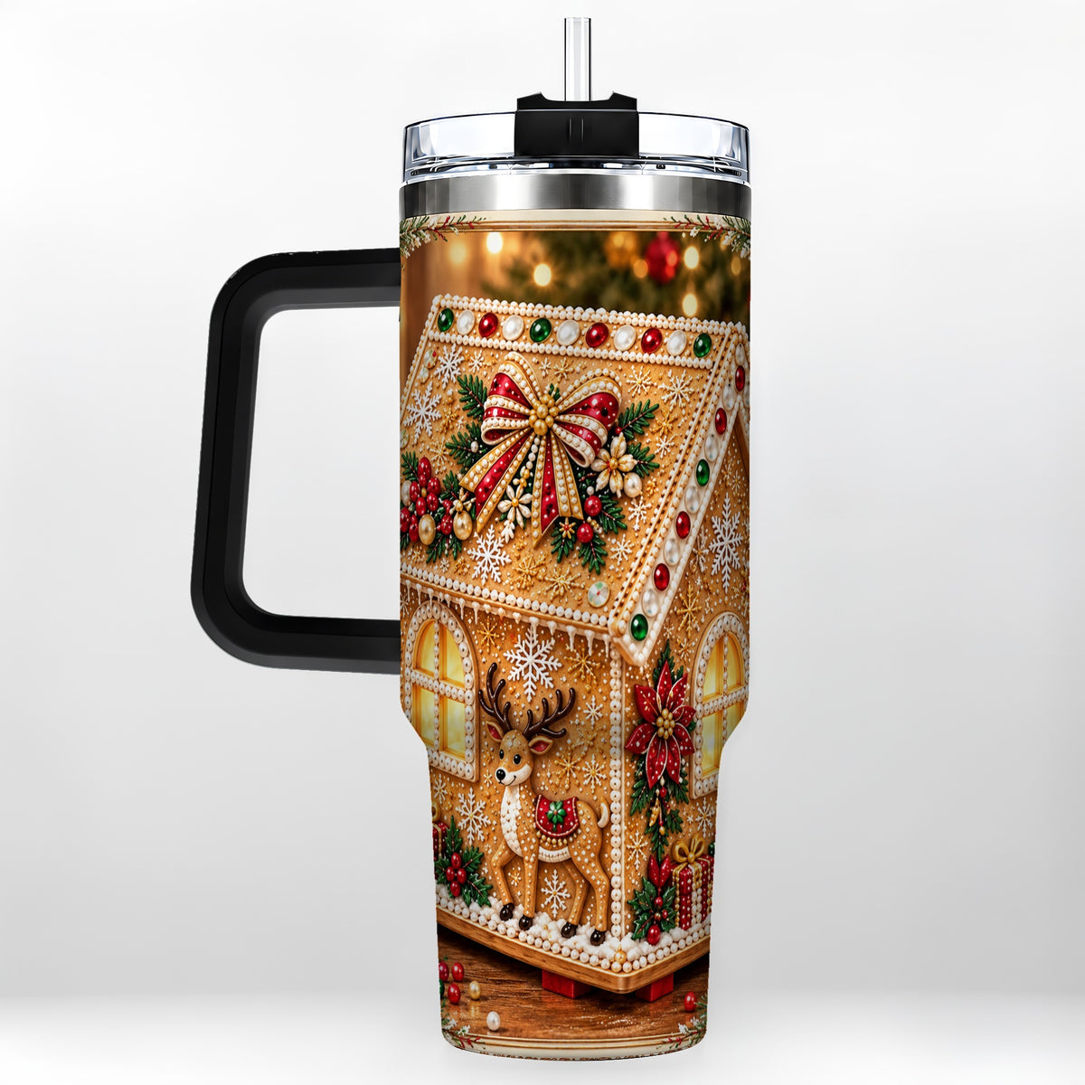 #pl[40oz|Black] Gingerbread House 40oz Tumbler with Handle, Christmas Travel Cup