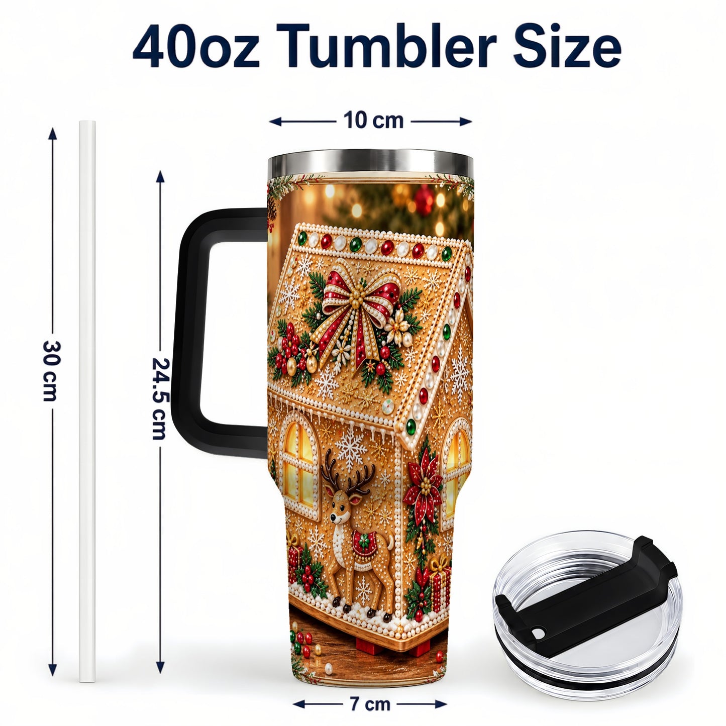 #pl[40oz|Black] Gingerbread House 40oz Tumbler with Handle, Christmas Travel Cup