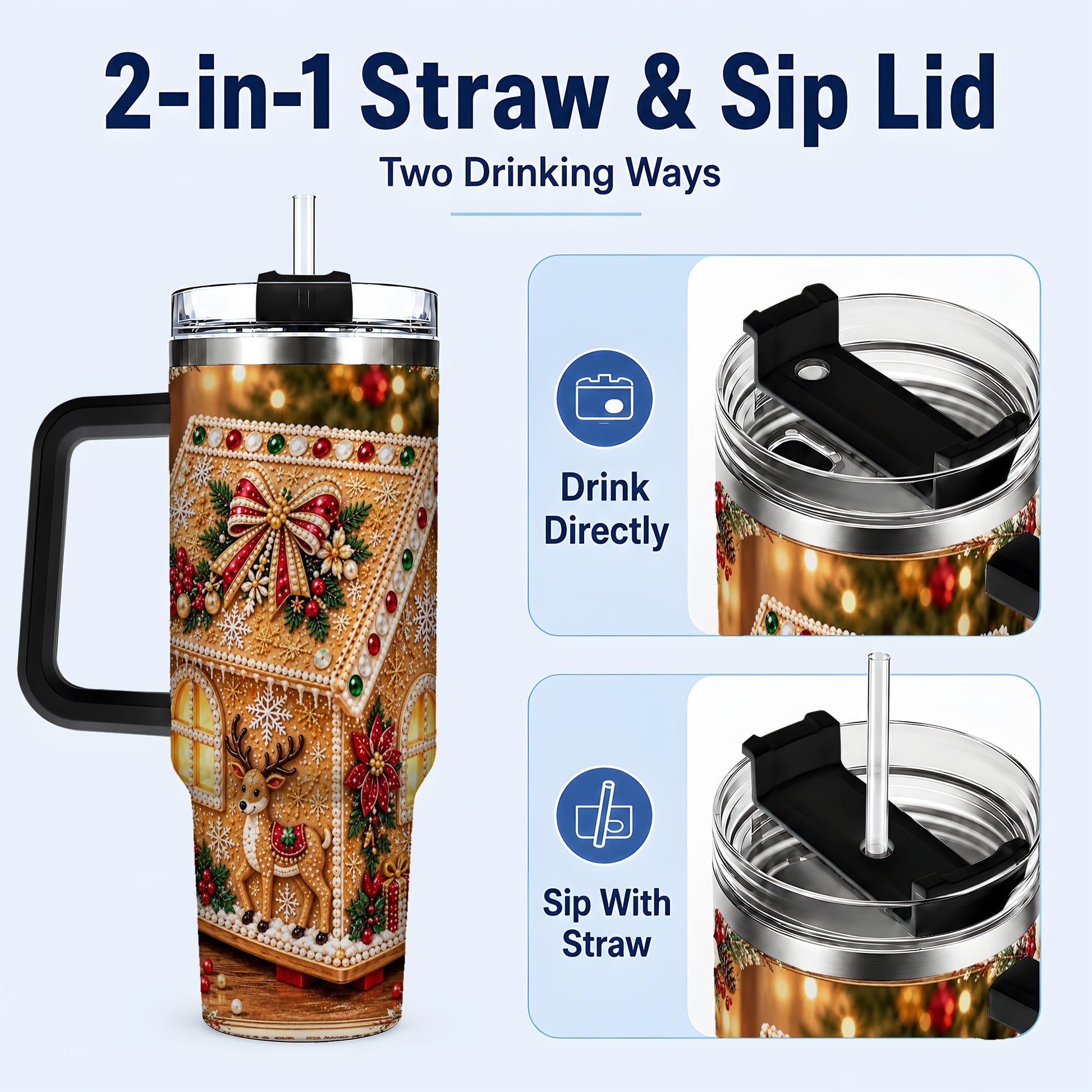 #pl[40oz|Black] Gingerbread House 40oz Tumbler with Handle, Christmas Travel Cup