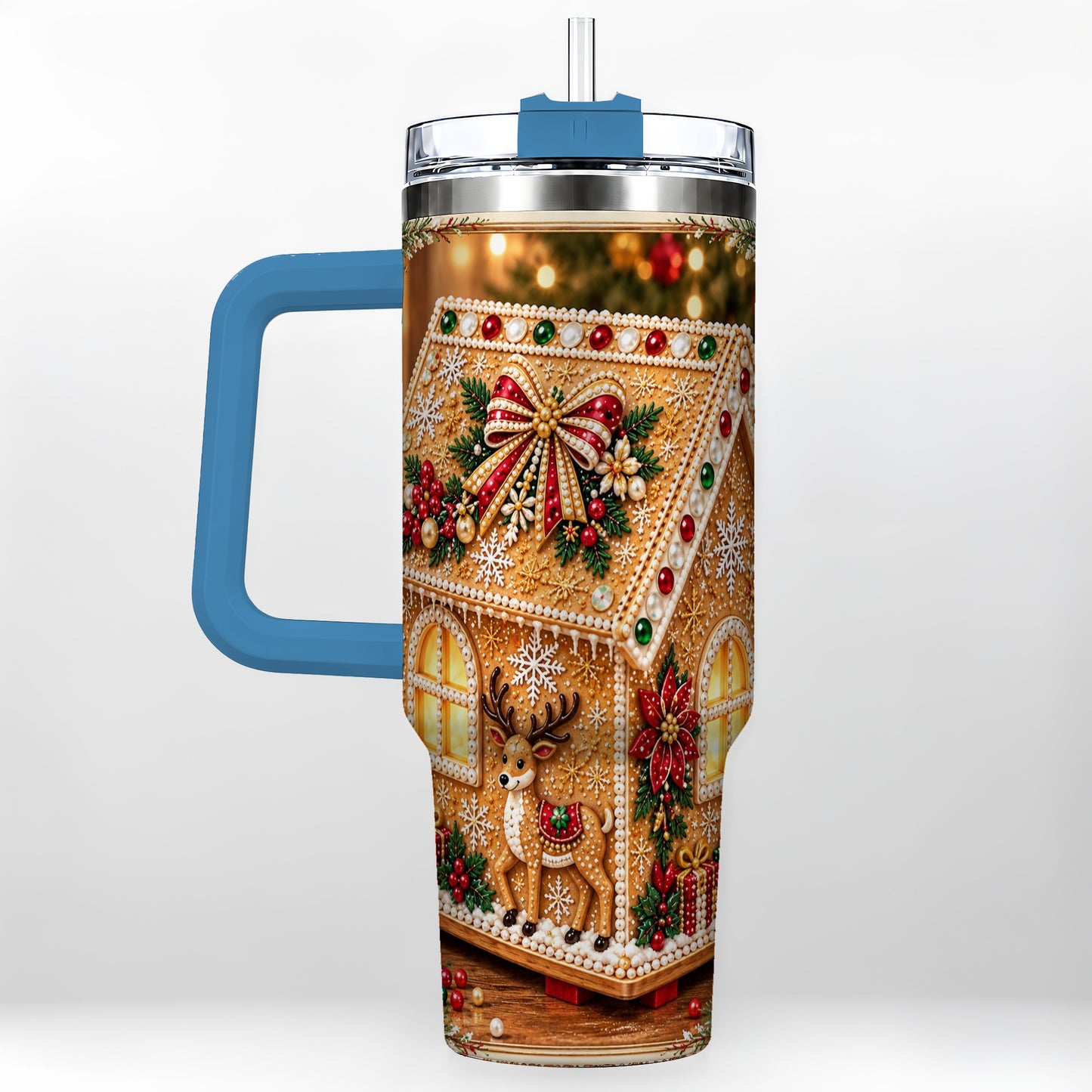 #pl[40oz|Blue] Gingerbread House 40oz Tumbler with Handle, Christmas Travel Cup