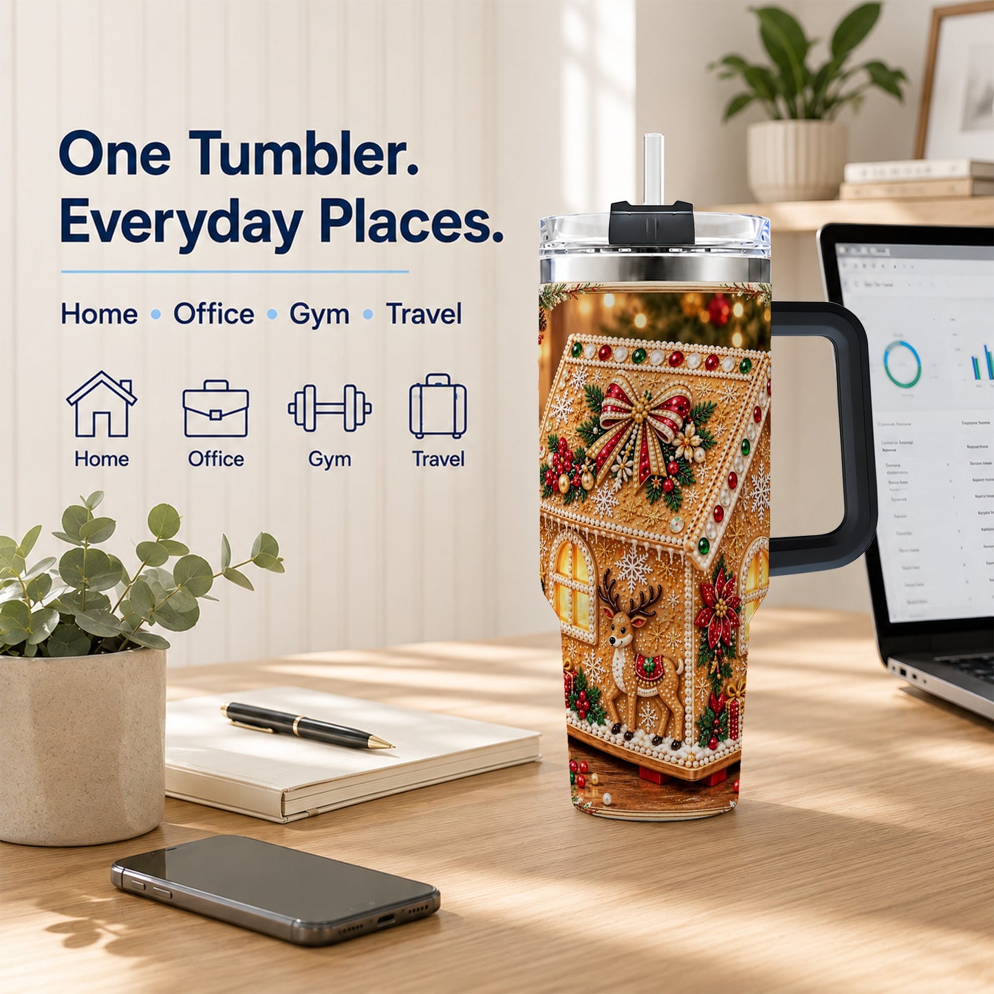 #pl[40oz|Black] Gingerbread House 40oz Tumbler with Handle, Christmas Travel Cup