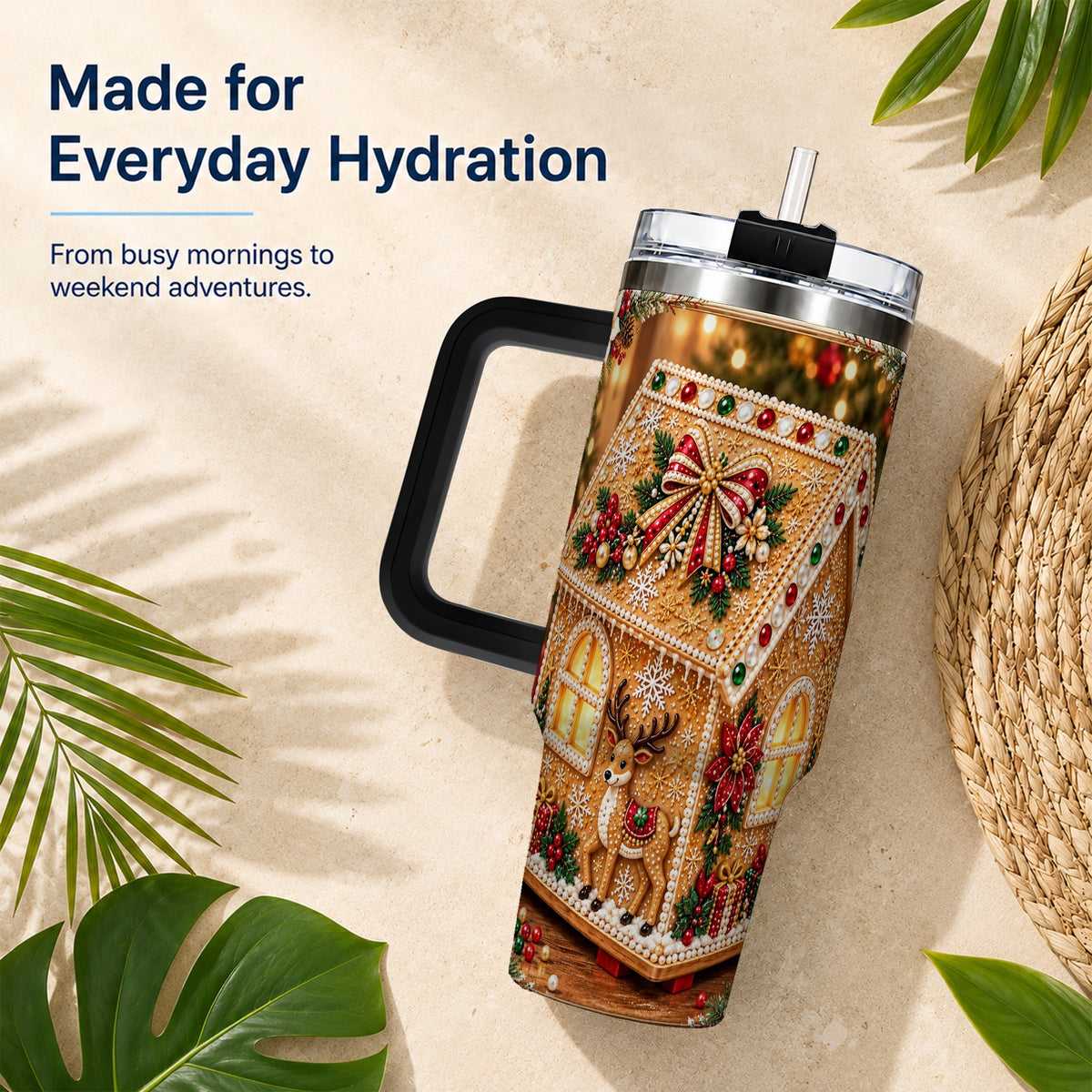 #pl[40oz|Black] Gingerbread House 40oz Tumbler with Handle, Christmas Travel Cup