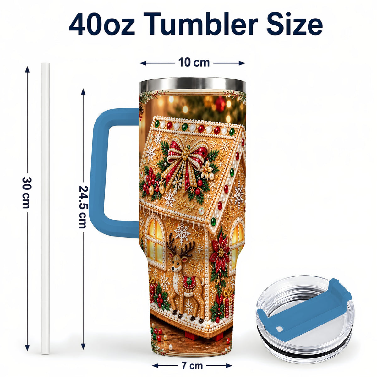 #pl[40oz|Blue] Gingerbread House 40oz Tumbler with Handle, Christmas Travel Cup