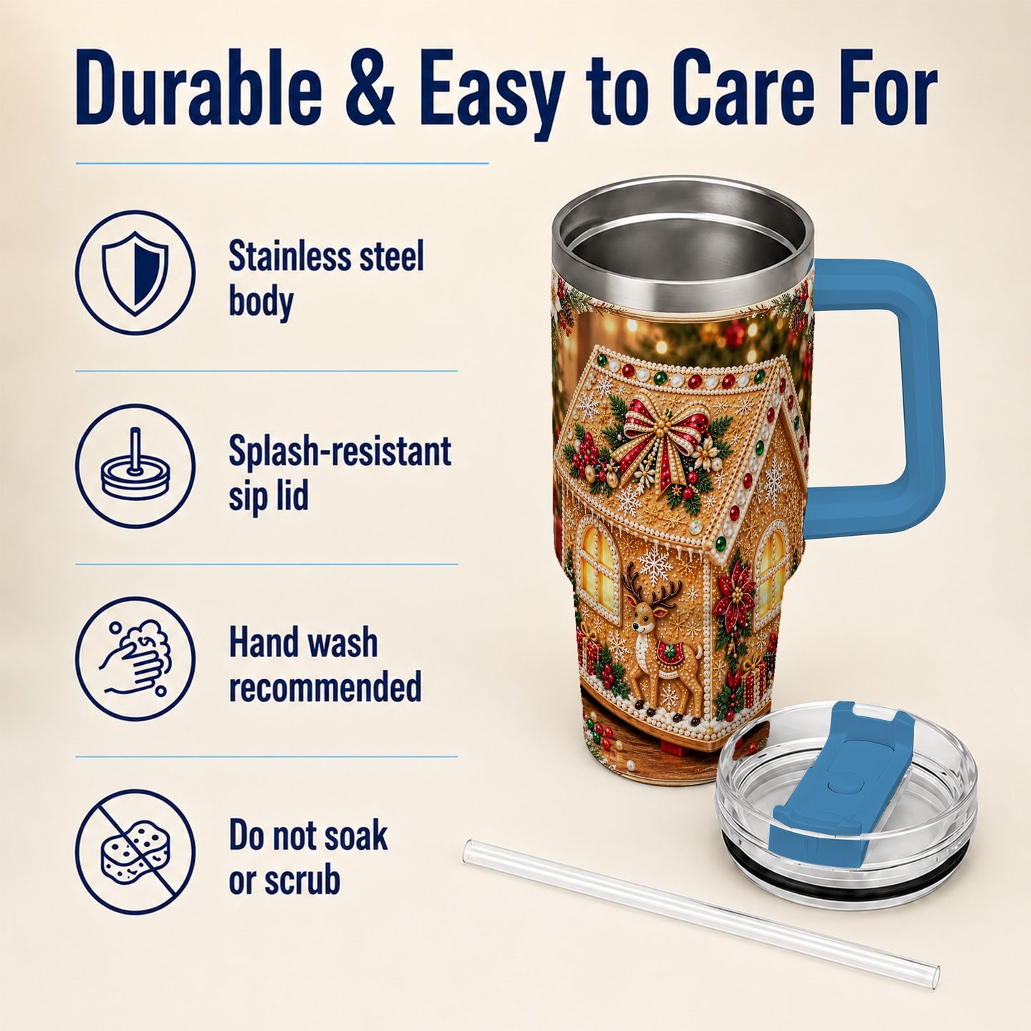 #pl[40oz|Blue] Gingerbread House 40oz Tumbler with Handle, Christmas Travel Cup