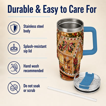 #pl[40oz|Blue] Gingerbread House 40oz Tumbler with Handle, Christmas Travel Cup
