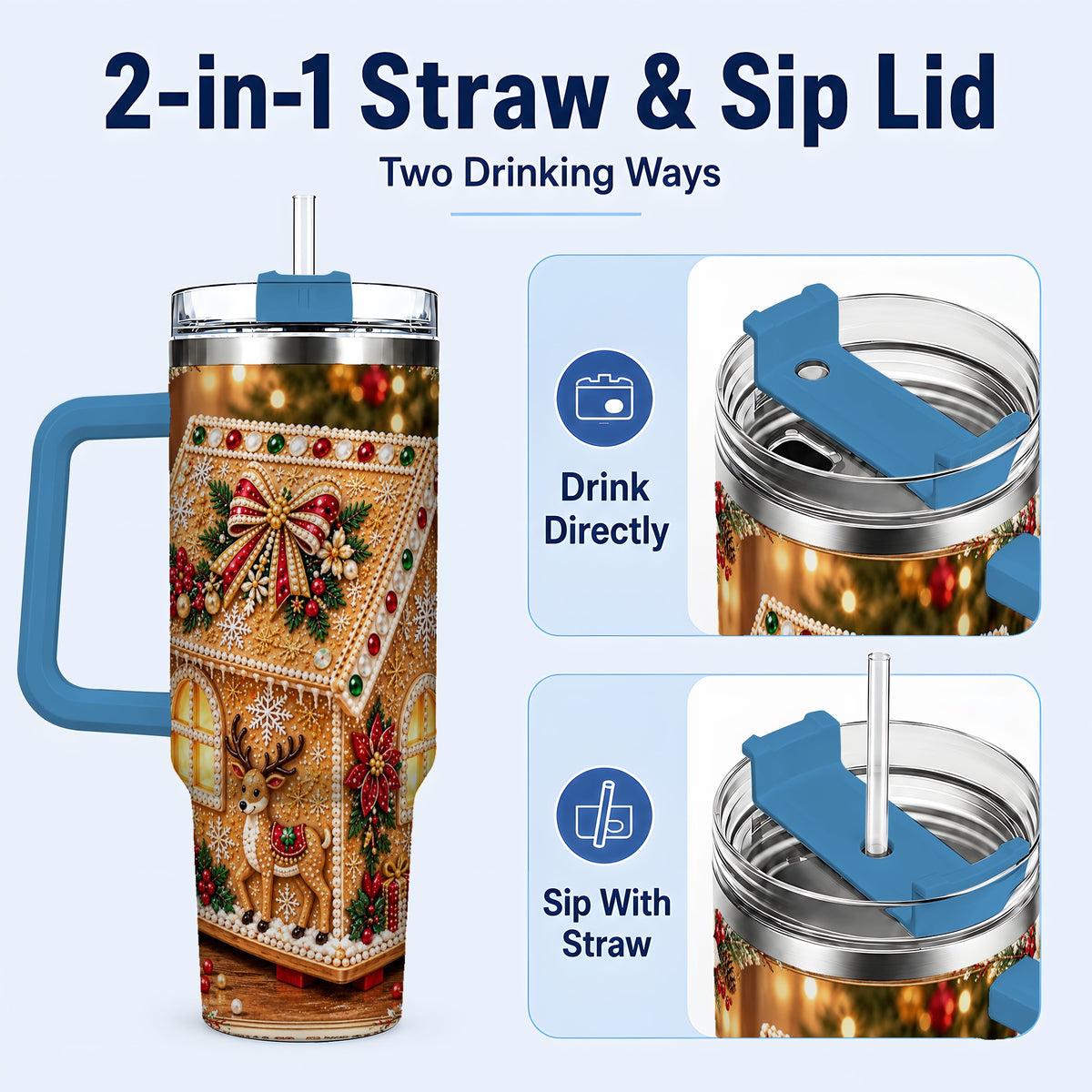 #pl[40oz|Blue] Gingerbread House 40oz Tumbler with Handle, Christmas Travel Cup