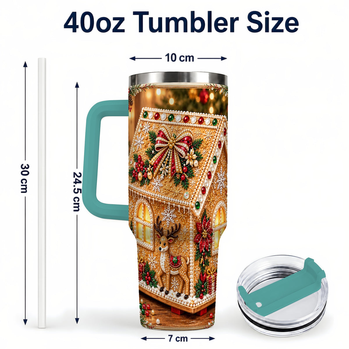 #pl[40oz|Green] Gingerbread House 40oz Tumbler with Handle, Christmas Travel Cup