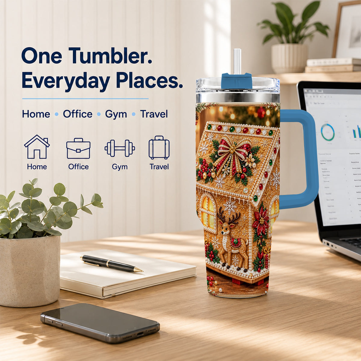 #pl[40oz|Blue] Gingerbread House 40oz Tumbler with Handle, Christmas Travel Cup