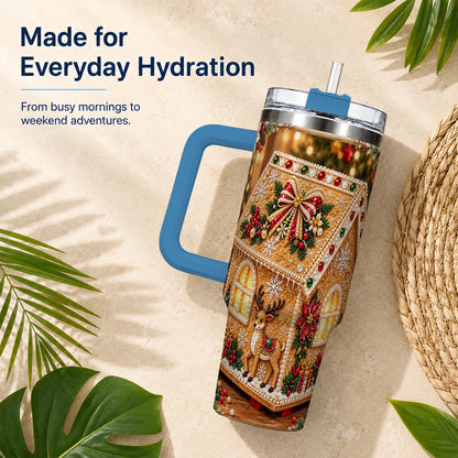 #pl[40oz|Blue] Gingerbread House 40oz Tumbler with Handle, Christmas Travel Cup