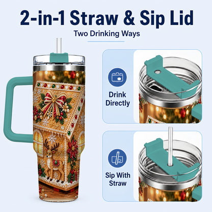 #pl[40oz|Green] Gingerbread House 40oz Tumbler with Handle, Christmas Travel Cup