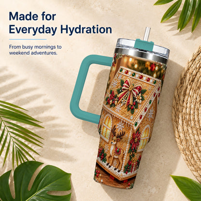 #pl[40oz|Green] Gingerbread House 40oz Tumbler with Handle, Christmas Travel Cup