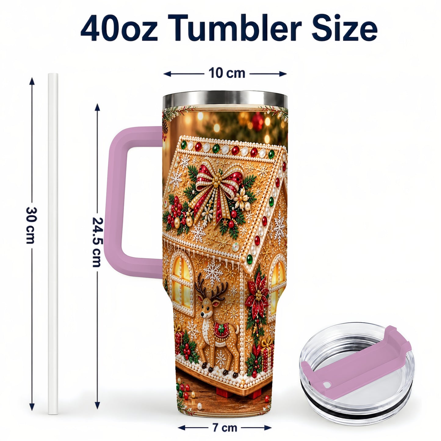 #pl[40oz|Pink] Gingerbread House 40oz Tumbler with Handle, Christmas Travel Cup