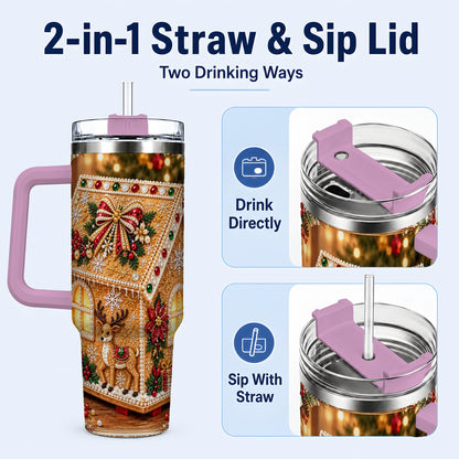 #pl[40oz|Pink] Gingerbread House 40oz Tumbler with Handle, Christmas Travel Cup