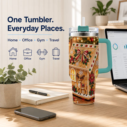#pl[40oz|Green] Gingerbread House 40oz Tumbler with Handle, Christmas Travel Cup