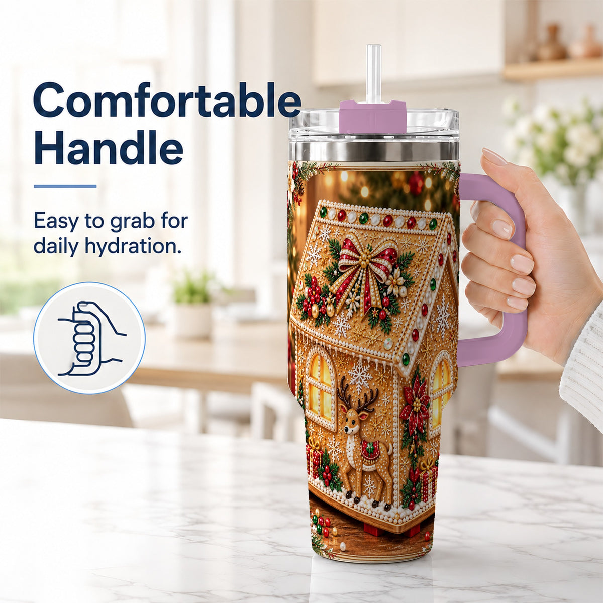 #pl[40oz|Pink] Gingerbread House 40oz Tumbler with Handle, Christmas Travel Cup