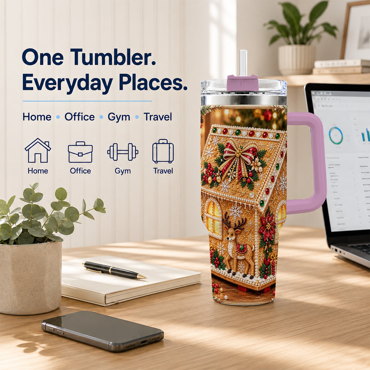 #pl[40oz|Pink] Gingerbread House 40oz Tumbler with Handle, Christmas Travel Cup