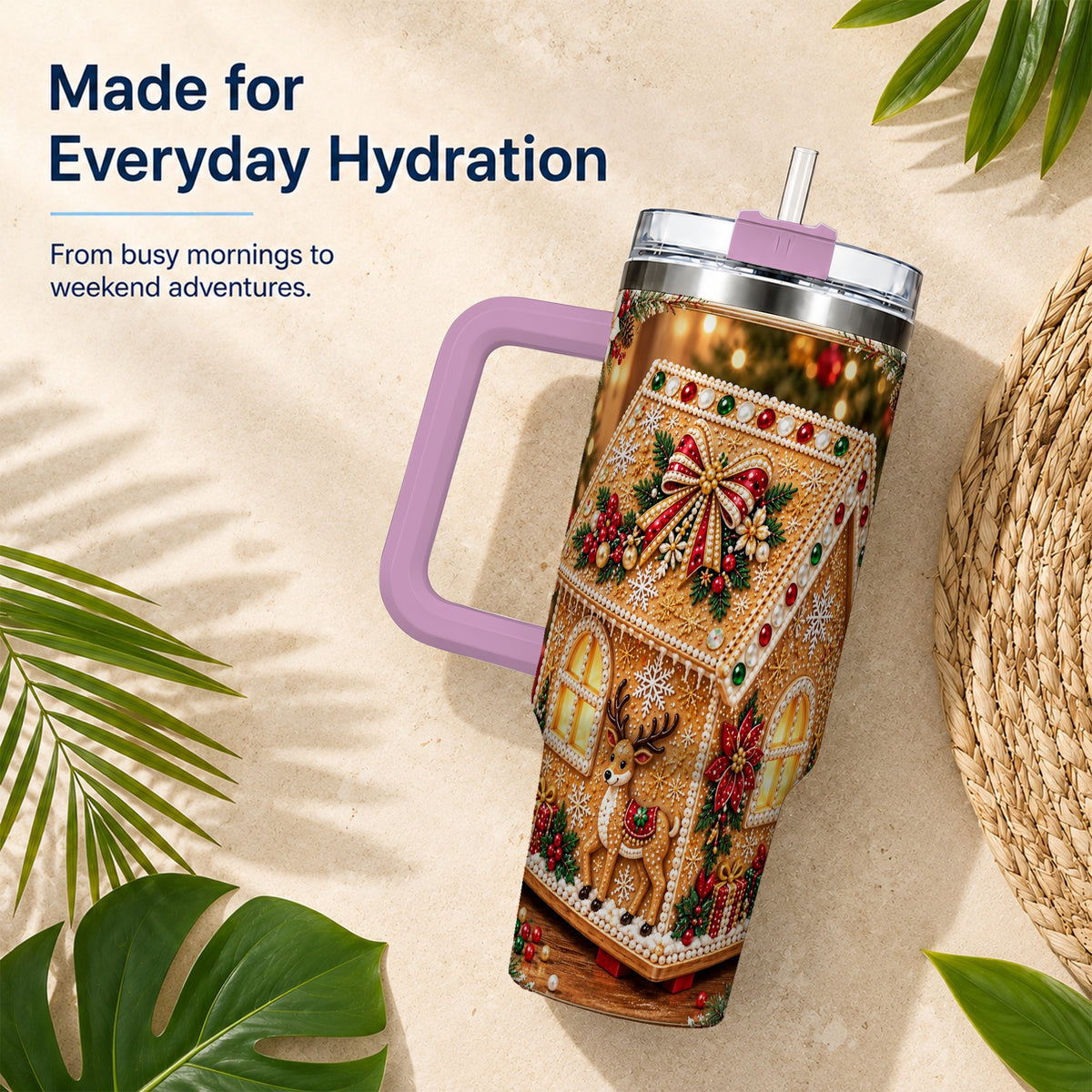 #pl[40oz|Pink] Gingerbread House 40oz Tumbler with Handle, Christmas Travel Cup